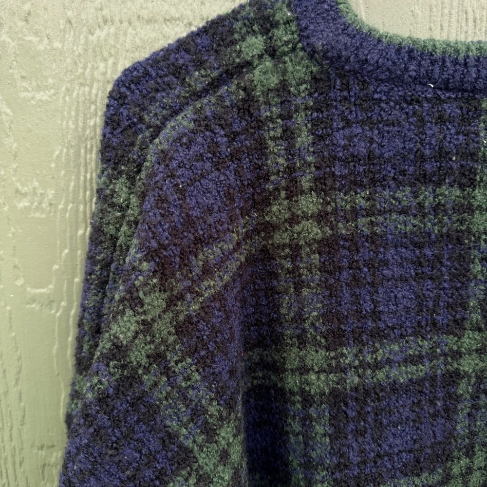 Cotton Traders Vtg Sweater Mens 3X Navy Green Tartan Plaid Wool Boucle Academia - Picture 5 of 8